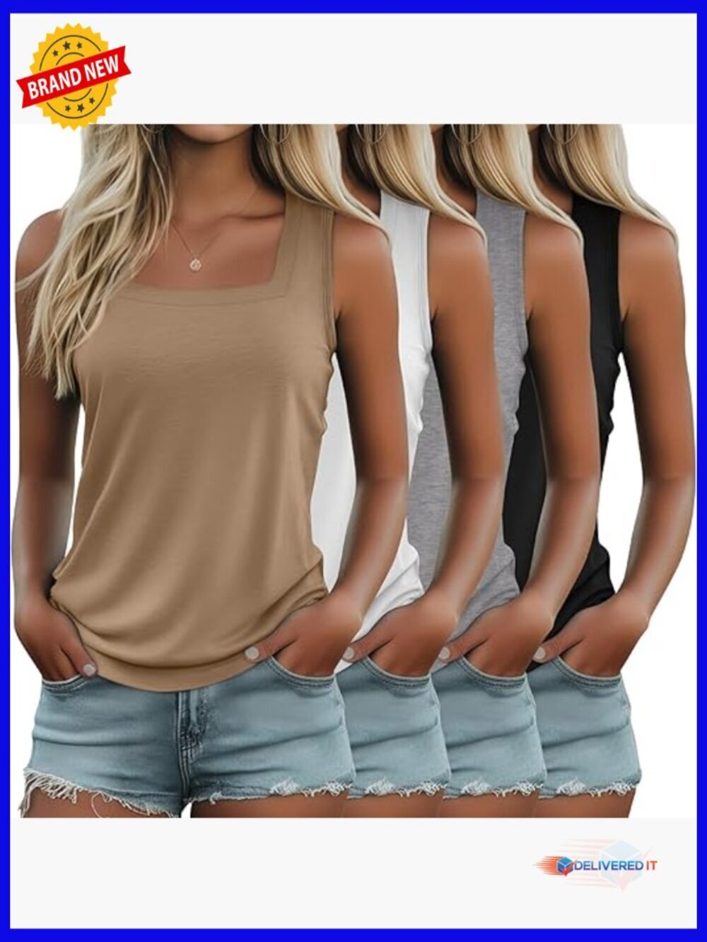 4 Pack Womens Square Neck Tank Tops Loose Fit Sleeveless Summer Shirts